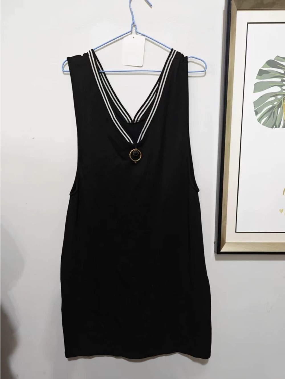 Black Sleeveless V-Neck Tank Dress with Striped Trim